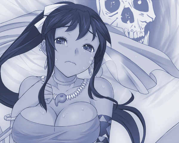 blue breasts cleavage facial_mark jewelry large_breasts magatama monochrome necklace sekaiju_no_meikyuu shilleka skull sweat ume_(driveume)