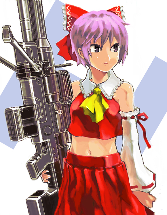 anti-materiel_rifle cosplay crossover detached_sleeves gun hakurei_reimu hakurei_reimu_(cosplay) halo_(game) japanese_clothes miko nagato_yuki rifle sniper_rifle sochie solo srs99 suzumiya_haruhi_no_yuuutsu touhou weapon