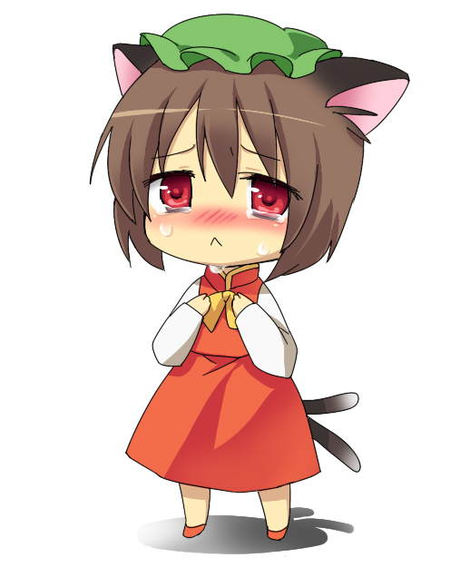 aisora animal_ears blush brown_hair cat_ears cat_tail chen chibi hat multiple_tails red_eyes short_hair solo tail tears touhou