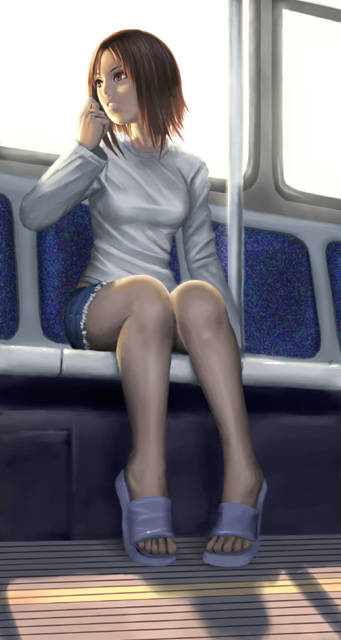 brown_eyes brown_hair denim denim_shorts idnar sandals short_hair shorts sitting solo train train_interior