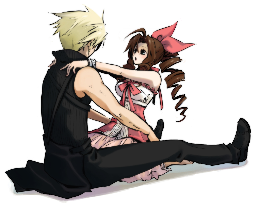 ahoge bad_id blonde_hair bow brown_hair cloud_strife couple dress drill_hair final_fantasy final_fantasy_vii final_fantasy_vii_advent_children frills hair_bow haru_(pixiv276337) hidaka_ryou kingdom_hearts kingdom_hearts_ii ponytail ribbon ribbons short_hair spiked_hair spiky_hair