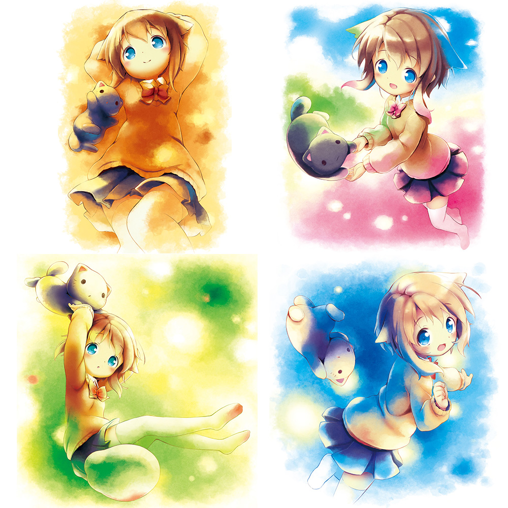 4girls :d :o aikei_ake animal arms_up bangs black_cat black_skirt blue_eyes blue_hair blue_skirt blue_sky blush bow bowtie brown_hair brown_sweater cat closed_mouth clouds collared_shirt commentary_request day eyebrows_visible_through_hair gradient_hair green_hair hair_between_eyes hand_up kitten long_sleeves looking_at_viewer lying multicolored_hair multiple_girls no_shoes on_back open_mouth original outdoors parted_lips pink_hair pleated_skirt red_neckwear shirt sidelocks sitting skirt sky smile soles standing standing_on_one_leg sweater thigh-highs white_legwear white_shirt