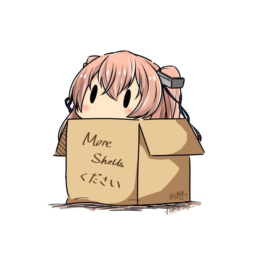 1girl box cardboard_box commentary_request dated english_text hair_between_eyes hair_ornament hatsuzuki_527 in_box in_container johnston_(kantai_collection) kantai_collection light_brown_hair long_hair simple_background solid_oval_eyes solo translated twintails twitter_username white_background
