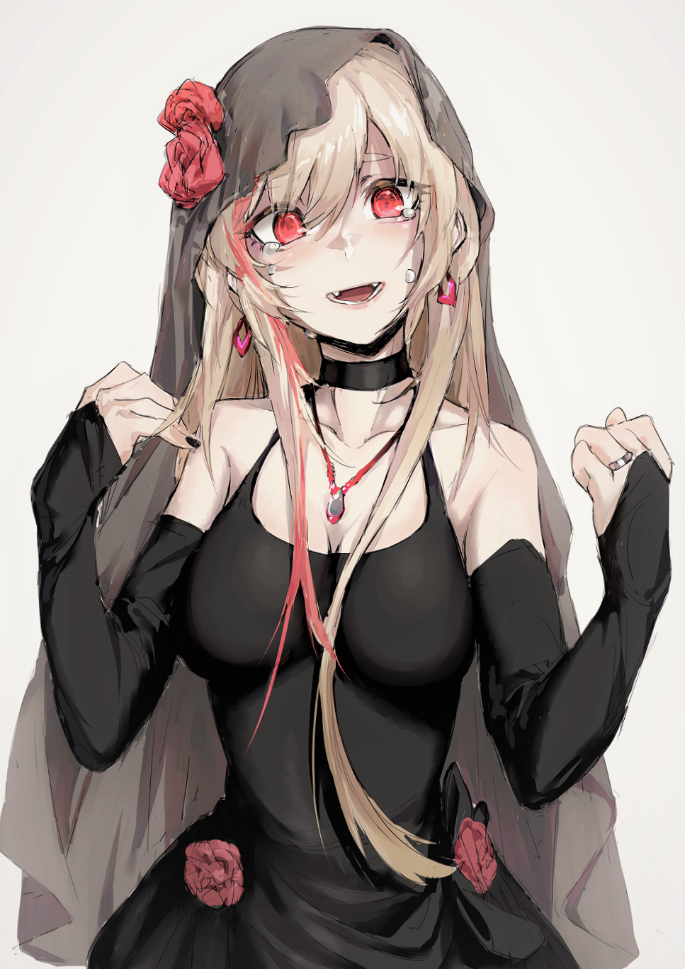 1girl alma01 bangs bare_shoulders black_choker black_dress black_nails breasts bridal_gauntlets choker cleavage collarbone commentary_request crying crying_with_eyes_open dress earrings eyebrows_visible_through_hair fangs fingernails flower girls_frontline hair_between_eyes hair_flower hair_ornament hands_up head_tilt highres jewelry light_brown_hair long_hair looking_at_viewer m4_sopmod_ii_(girls_frontline) medium_breasts multicolored_hair nail_polish open_mouth pendant red_flower red_rose redhead rose sketch sleeveless sleeveless_dress solo streaked_hair tears thick_eyebrows veil very_long_hair