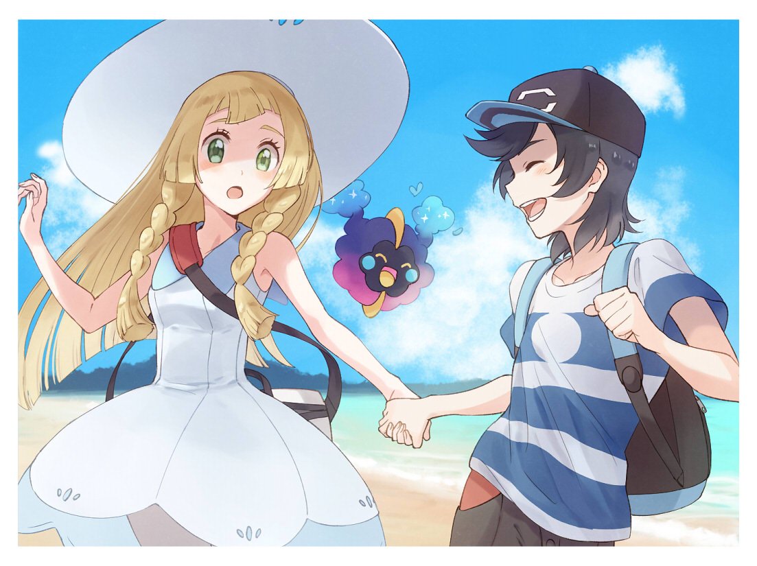 1boy 1girl backpack bag baseball_cap beach black_hair blonde_hair blue_sky braid closed_eyes clouds cosmog creatures_(company) day dress duffel_bag game_freak gen_7_pokemon green_eyes hand_holding hat lillie_(pokemon) long_hair nintendo open_mouth outdoors pokemon pokemon_(creature) pokemon_(game) pokemon_sm sand shirt short_hair short_sleeves sky sleeveless sleeveless_dress striped striped_shirt sun_hat twin_braids water white_dress white_hat yairo_(sik_s4) you_(pokemon)