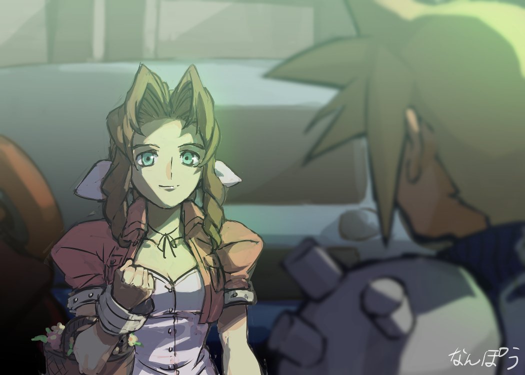 1boy 1girl aerith_gainsborough blonde_hair bow breasts brown_hair cleavage cloud_strife commentary_request cropped_jacket dress drill_hair final_fantasy final_fantasy_vii green_eyes hair_ribbon long_hair nanpou_(nanpou0021) pink_bow pink_dress ribbon smile spiky_hair