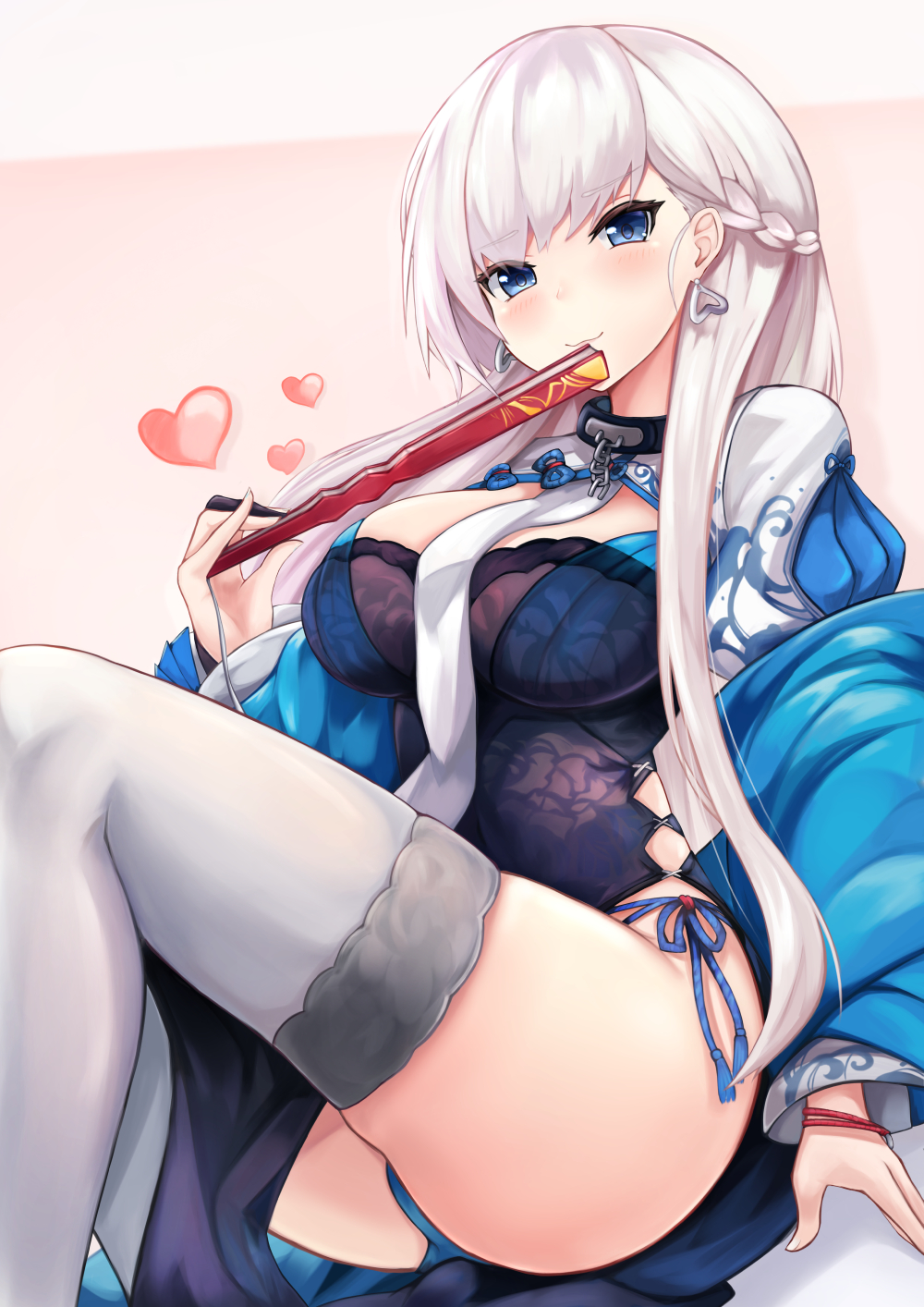 1girl alternate_costume arm_support ass azur_lane bangs belfast_(azur_lane) blue_eyes blue_panties blush braid breasts chains china_dress chinese_clothes cleavage_cutout closed_mouth collar dress earrings eyebrows_visible_through_hair fan folding_fan highres holding holding_fan jewelry large_breasts long_hair looking_at_viewer maid_headdress panties ryara_vivi shrug_(clothing) side-tie_panties sidelocks silver_hair sitting smile solo thigh-highs thighs underwear white_legwear