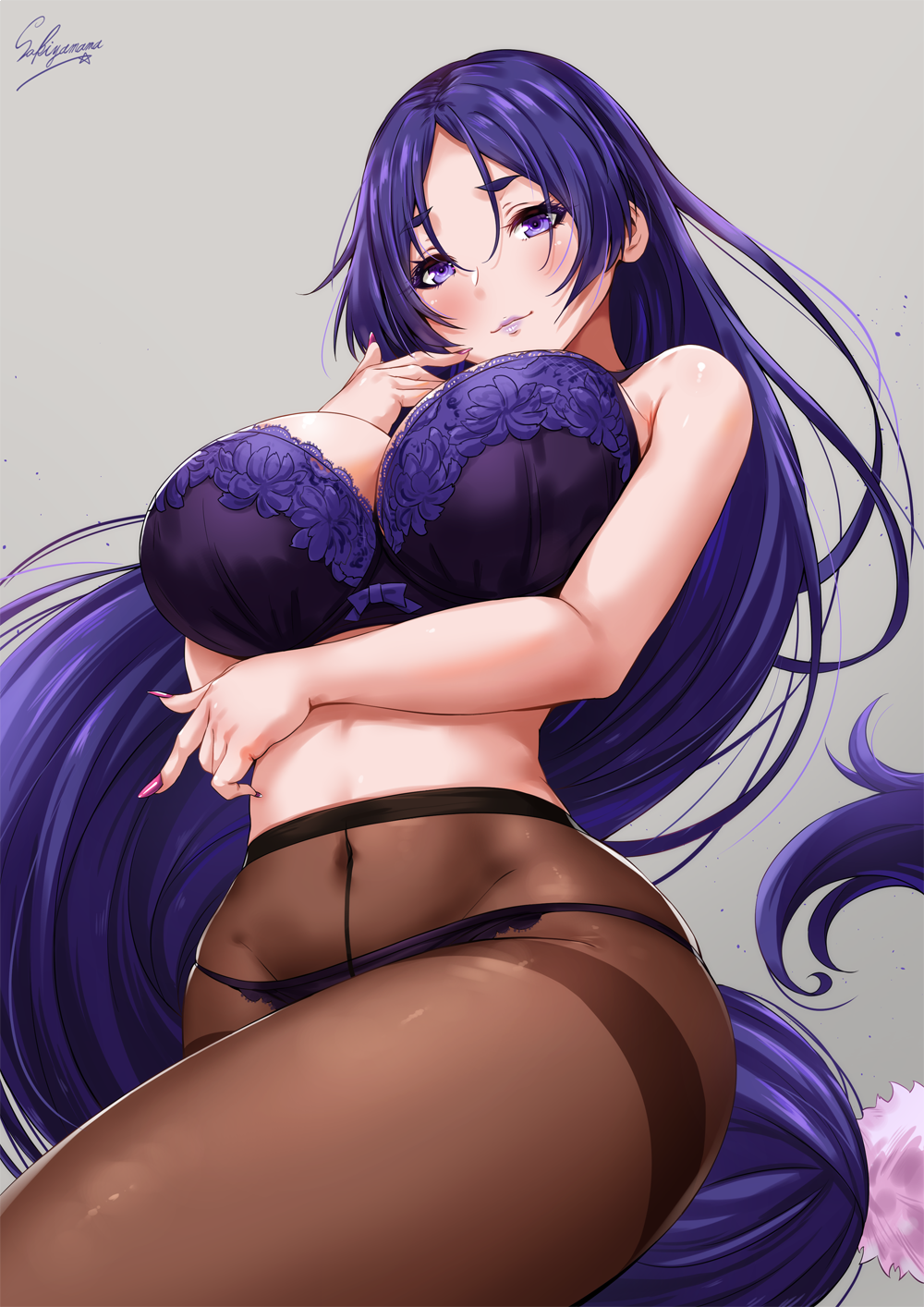 1girl arm_under_breasts artist_name bangs bare_shoulders blush bra breasts closed_mouth covered_navel fate/grand_order fate_(series) grey_background hair_between_eyes highres hips large_breasts long_hair looking_at_viewer low-tied_long_hair minamoto_no_raikou_(fate/grand_order) nail_polish navel panties panties_under_pantyhose pantyhose parted_bangs purple_bra purple_hair purple_nails purple_panties sakiyamama signature simple_background smile solo thighband_pantyhose thighs underwear very_long_hair violet_eyes