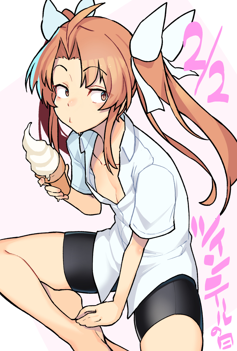 1girl ahoge bangs barefoot bike_shorts black_shorts blush breasts cleavage commentary_request dated eyebrows_visible_through_hair feet_out_of_frame food frozen_yogurt hair_ribbon highres holding holding_food indian_style kagerou_(kantai_collection) kantai_collection long_hair orange_eyes orange_hair pink_background ribbon shirt short_shorts short_sleeves shorts sidelocks sitting small_breasts solo taketora_suzume thighs translated twintails white_ribbon white_shirt wing_collar