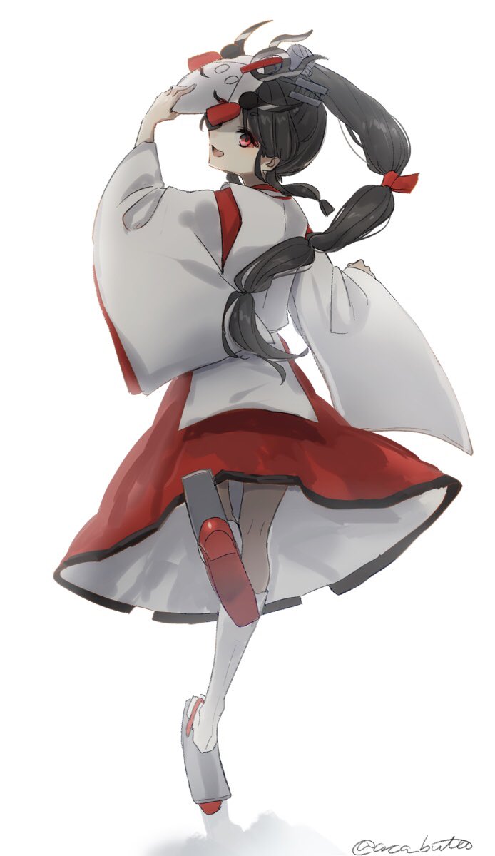 1girl black_hair from_behind hair_tie headgear high_ponytail highres japanese_clothes kantai_collection long_hair long_sleeves looking_back mask multi-tied_hair nisshin_(kantai_collection) open_mouth red_eyes red_ribbon ribbon ribbon-trimmed_sleeves ribbon_trim simple_background solo white_background wide_sleeves yamashiki_(orca_buteo)