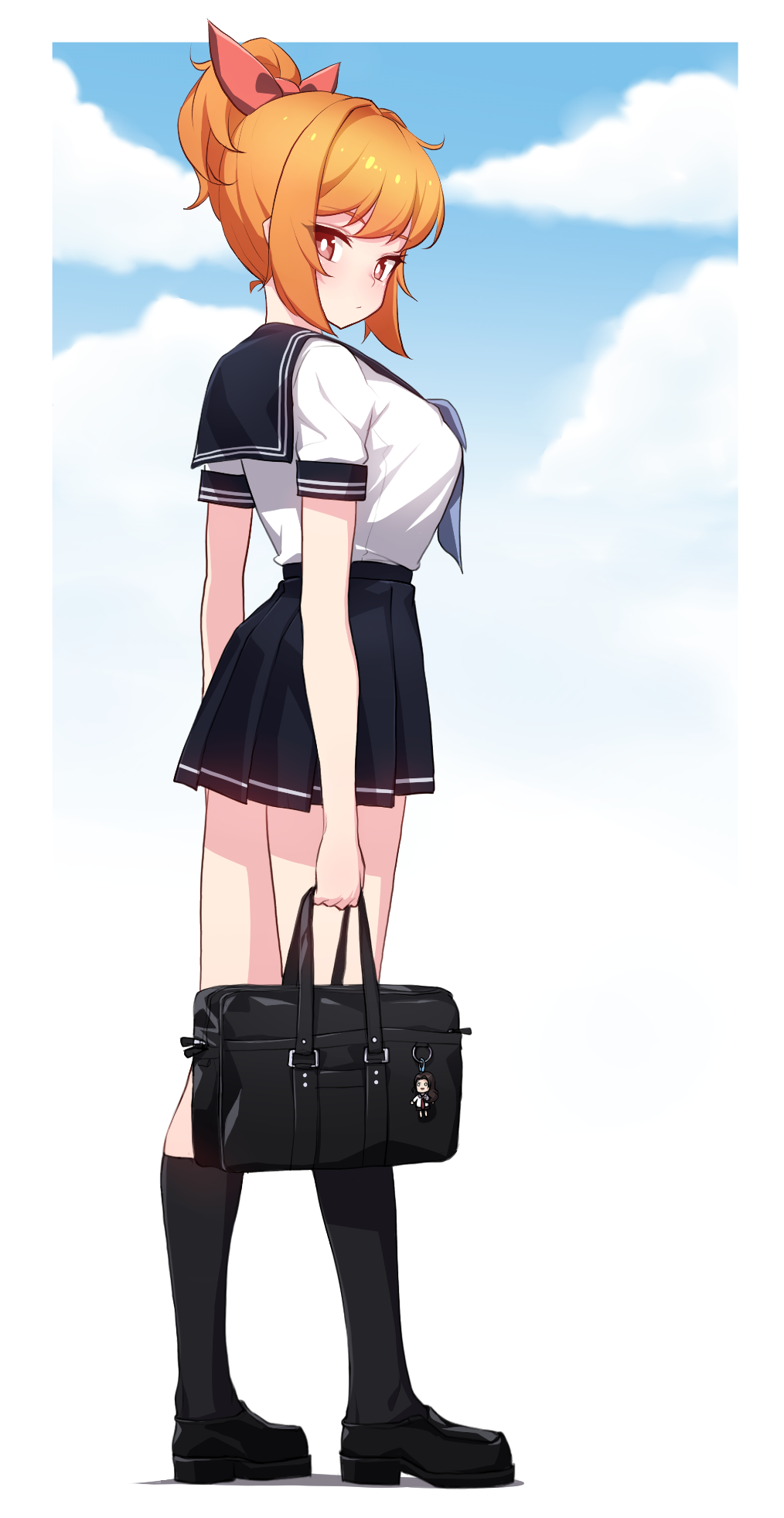 1girl bag black_footwear black_legwear black_skirt breasts bright_pupils closed_mouth clouds eyebrows_visible_through_hair from_side full_body hair_ribbon highres keychain kneehighs looking_at_viewer looking_back mary_janes medium_breasts narynn narynn_(character) orange_hair original ponytail red_eyes red_ribbon ribbon school_uniform shirt shoes short_hair short_ponytail sidelocks skirt sky solo white_pupils white_shirt