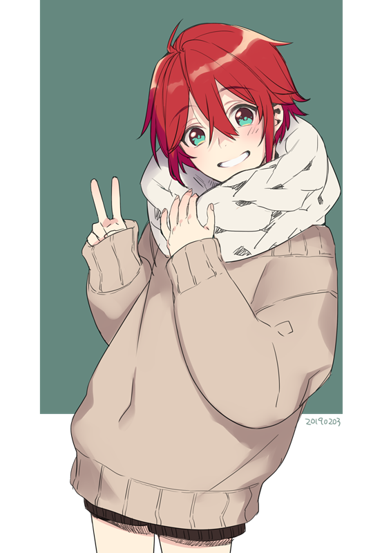 1boy :d blush green_eyes looking_at_viewer open_mouth oversized_clothes redhead scarf shinano_toushirou short_hair simple_background smile solo sumeragi_kohaku touken_ranbu v