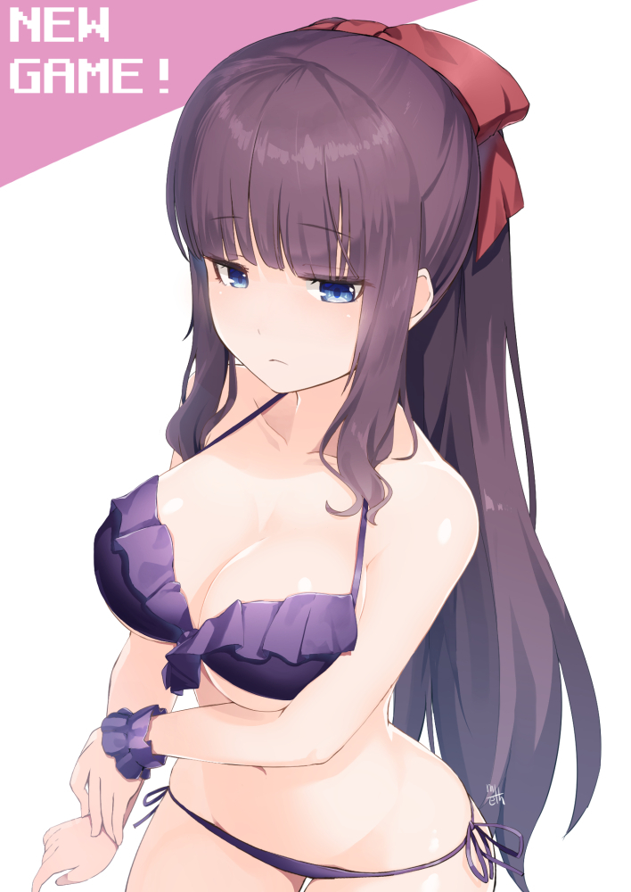 1girl bangs bare_shoulders bikini blue_eyes blush bow breasts cleavage closed_mouth collarbone commentary_request copyright_name eyebrows_visible_through_hair frilled_bikini_top hair_bow half-closed_eyes large_breasts long_hair looking_at_viewer meth_(emethmeth) navel new_game! pink_background purple_bikini purple_hair purple_scrunchie red_bow scrunchie side-tie_bikini sidelocks signature solo swimsuit takimoto_hifumi two-tone_background very_long_hair white_background wrist_scrunchie