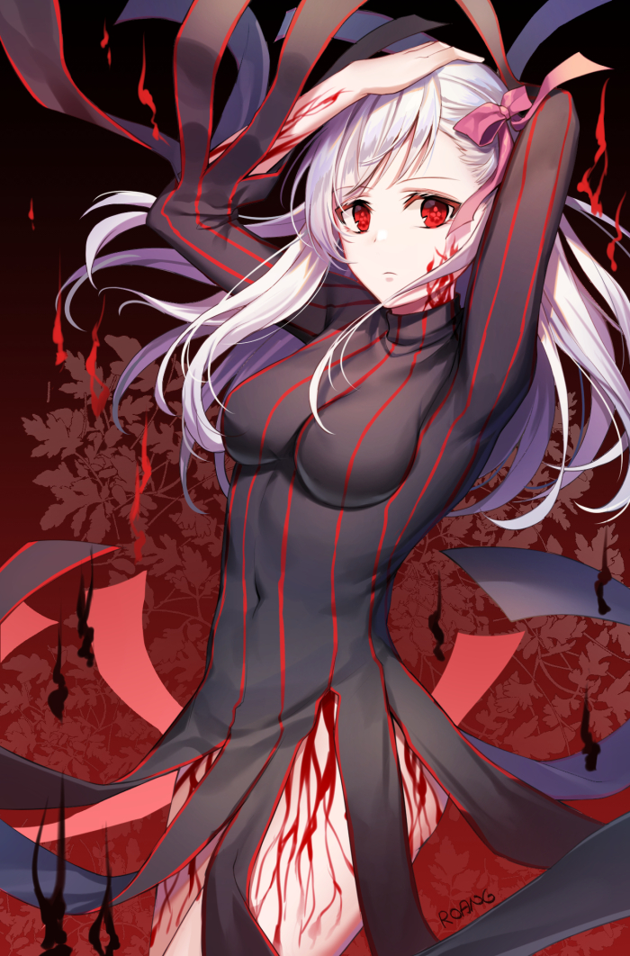 1girl arms_up artist_name black_dress breasts closed_mouth covered_navel cowboy_shot dress fate/stay_night fate_(series) floating_hair gradient gradient_background hair_ribbon heaven's_feel long_hair looking_at_viewer matou_sakura medium_breasts pink_ribbon red_background red_eyes ribbon roang solo standing tattoo thighs turtleneck white_hair