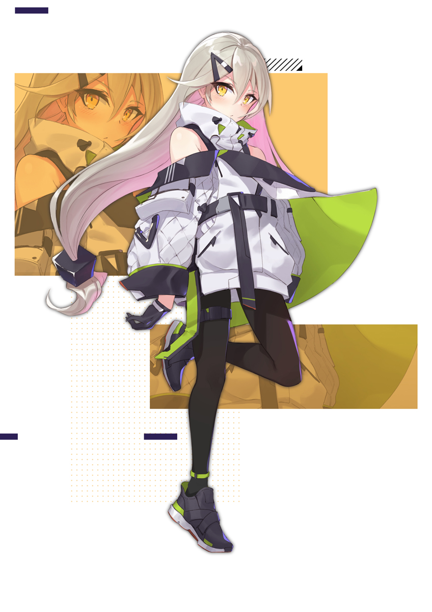 1girl baggy_clothes bangs black_legwear blush casual closed_mouth coat full_body girls_frontline gloves hair_between_eyes hair_ornament hairclip highres long_hair looking_at_viewer low-tied_long_hair mg4_(girls_frontline) off_shoulder pantyhose ranyu shoes sidelocks silver_hair sneakers solo standing standing_on_one_leg thigh_strap tsurime twintails very_long_hair yellow_eyes