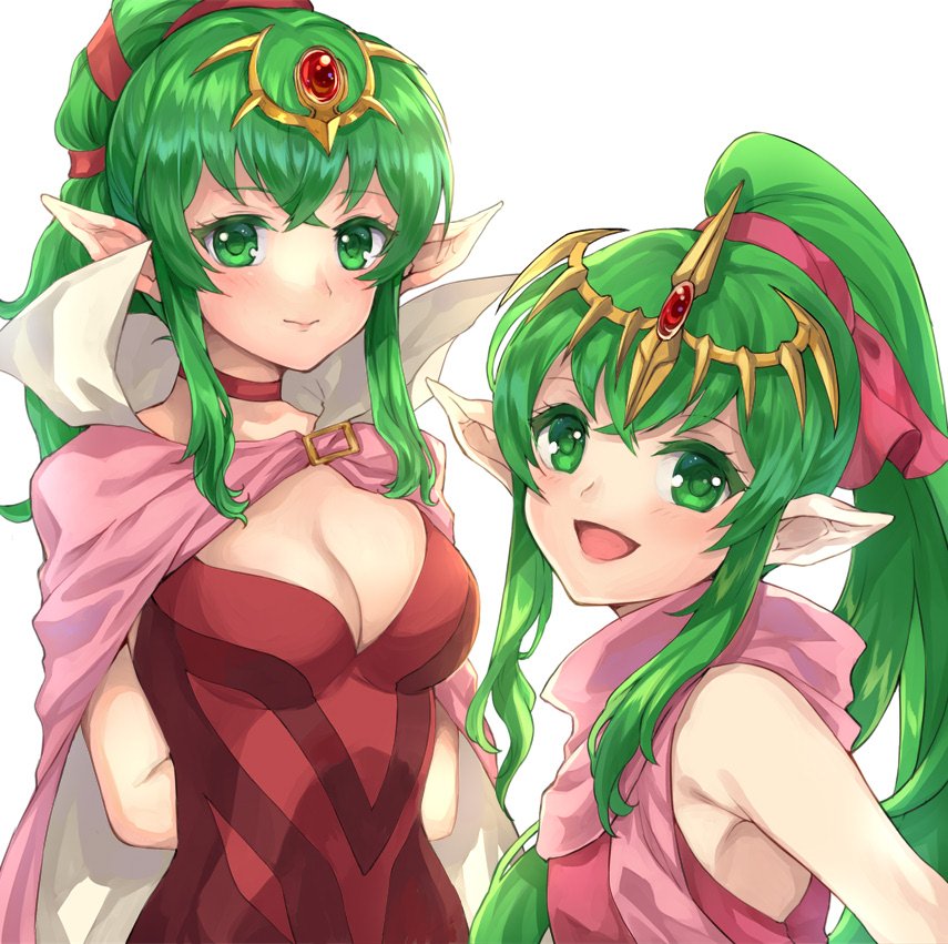 2girls adult boots cape chiki child dress dual_persona fire_emblem fire_emblem:_kakusei fire_emblem:_mystery_of_the_emblem fire_emblem_heroes fire_emblem_musou garter_straps gloves green_eyes green_hair hair_ornament intelligent_systems jurge long_hair mamkute multiple_girls nintendo older pink_dress pointy_ears ponytail red_dress short_dress side_slit simple_background stone strapless strapless_dress teenage thigh-highs thigh_boots tiara young