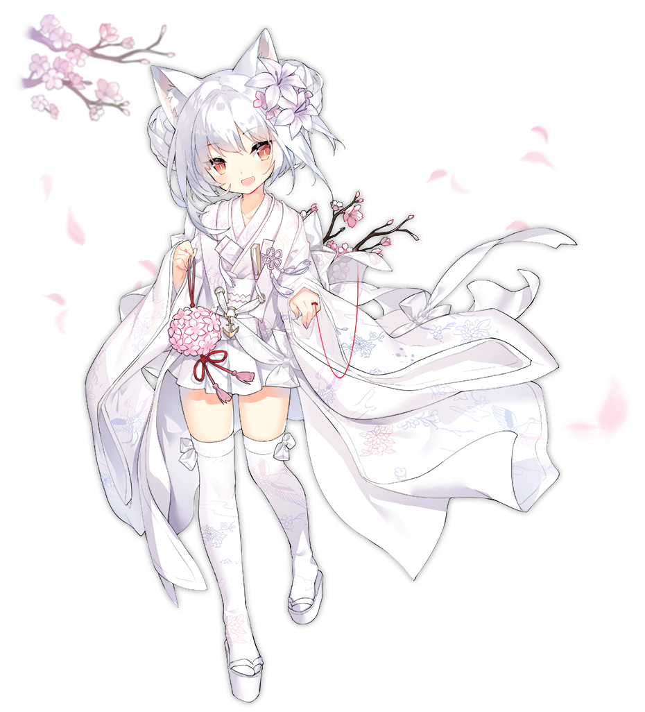 1girl anchor animal_ears azur_lane blush cat_ears cherry_blossoms dress eyebrows_visible_through_hair flower hair_flower hair_ornament hair_up japanese_clothes long_sleeves looking_to_the_side open_mouth red_eyes red_string sandals saru solo string string_around_finger thigh-highs transparent_background wedding_dress white_dress white_footwear white_hair white_legwear wide_sleeves yukikaze_(azur_lane) zettai_ryouiki