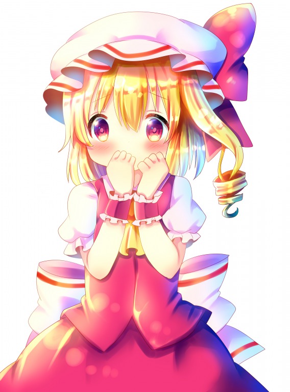 1girl ascot bangs blonde_hair blush bow chocolat_(momoiro_piano) commentary_request covered_mouth eyebrows_visible_through_hair flandre_scarlet hair_between_eyes hands_up hat hat_bow long_hair mob_cap one_side_up puffy_short_sleeves puffy_sleeves red_bow red_eyes red_skirt red_vest ringlets shirt short_sleeves sidelocks simple_background skirt skirt_set solo touhou vest white_background white_bow white_hat white_shirt wrist_cuffs yellow_neckwear