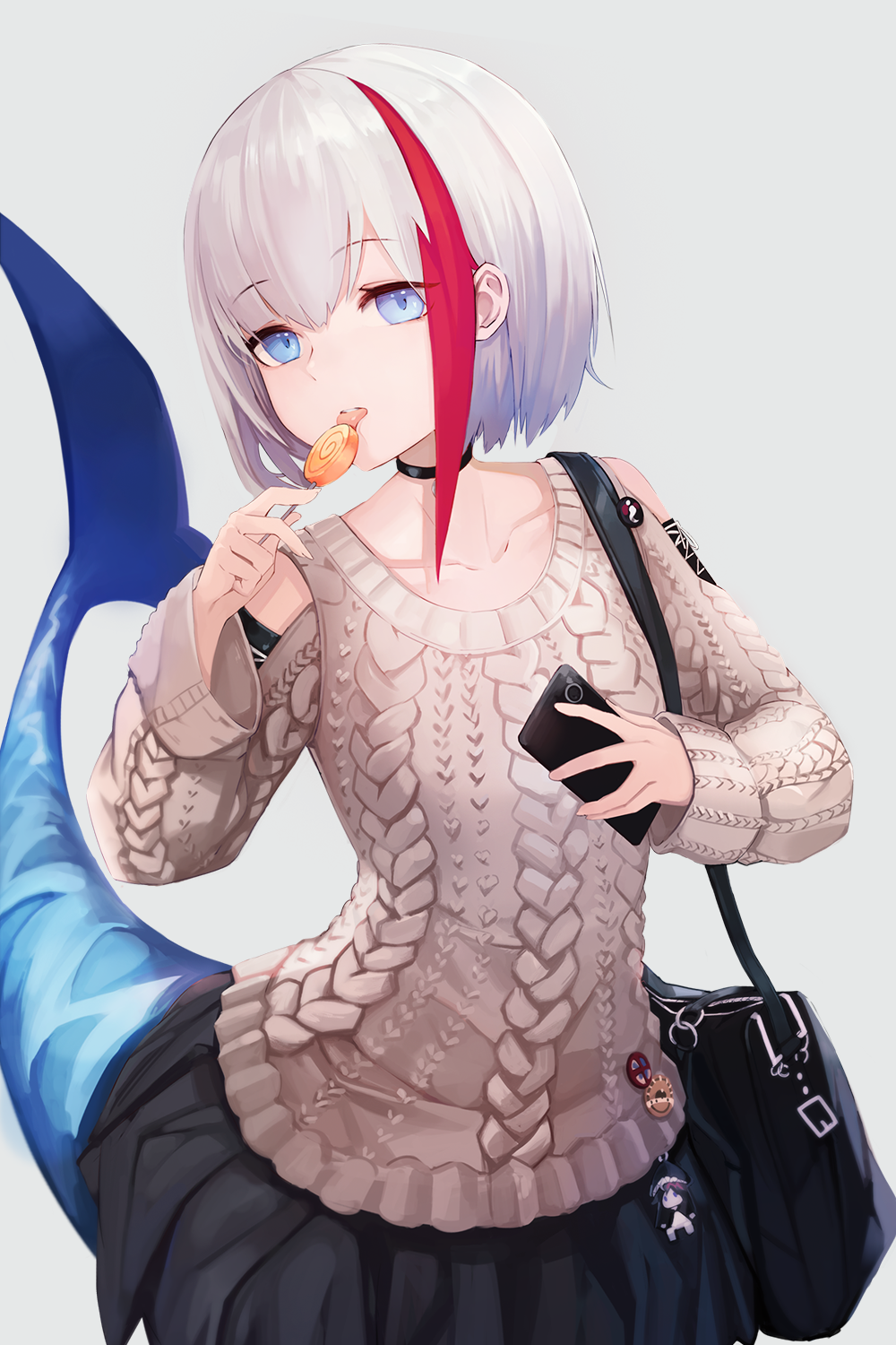 1girl admiral_graf_spee_(azur_lane) anizi_(anizi9621) aran_sweater azur_lane bag bangs black_choker black_skirt blue_eyes brown_sweater candy cellphone choker collarbone commentary deutschland_(azur_lane) eyebrows_visible_through_hair food grey_background hand_up highres holding holding_lollipop holding_phone keychain licking lollipop long_sleeves looking_at_viewer miniskirt multicolored_hair phone redhead shark_tail short_hair shoulder_bag sidelocks simple_background skirt smartphone solo standing streaked_hair sweater swirl_lollipop tail tongue tongue_out upper_body white_hair