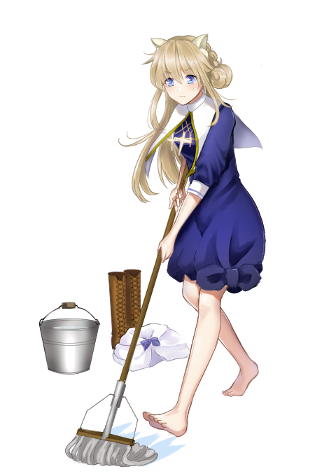 1girl animal_ears barefoot blue_dress blue_eyes boots_removed bucket cat_ears collar dress full_body jewelry kusunokinawate light_brown_hair long_hair mop necklace shirt_removed standing transparent_background water white_collar