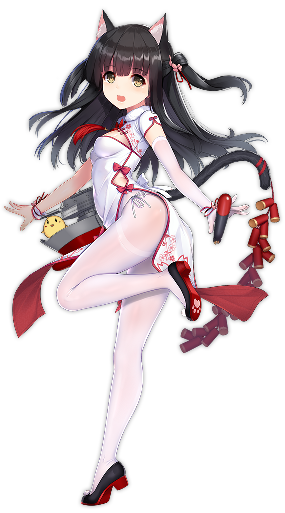 1girl :d allenes animal_ears azur_lane black_hair breasts cat_ears cat_tail elbow_gloves eyebrows_visible_through_hair flower from_side gloves hair_flower hair_ornament long_hair official_art open_mouth panties pantyhose ribbon side-tie_panties side_slit small_breasts smile solo standing standing_on_one_leg string_panties tail tail_ribbon thighband_pantyhose torpedo transparent_background two_side_up underwear white_gloves white_legwear yellow_eyes yuugure_(azur_lane)