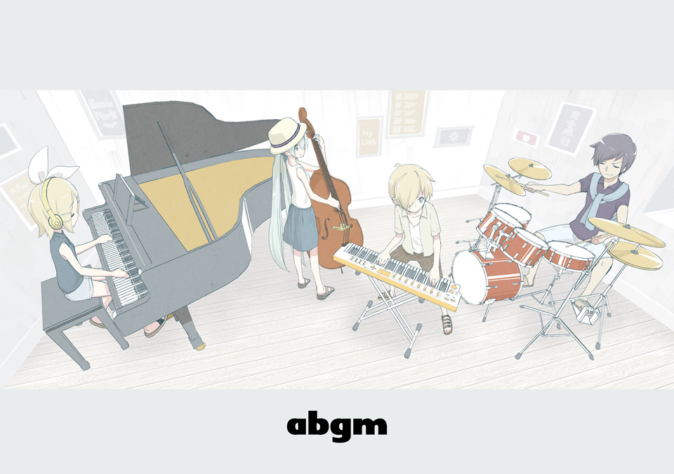2boys 2girls aqua_hair bass_guitar blonde_hair blue_hair boater_hat bow closed_eyes comiket_88 commentary_request cymbals drum drum_set from_above grand_piano gyari_(imagesdawn) hair_bow hair_over_one_eye hat hatsune_miku headphones instrument isometric kagamine_len kagamine_rin kaito keyboard_(instrument) legs_apart long_hair multiple_boys multiple_girls music piano playing_instrument room sandals scarf short_hair shorts skirt smirk tank_top twintails very_long_hair vocaloid white_bow wooden_floor