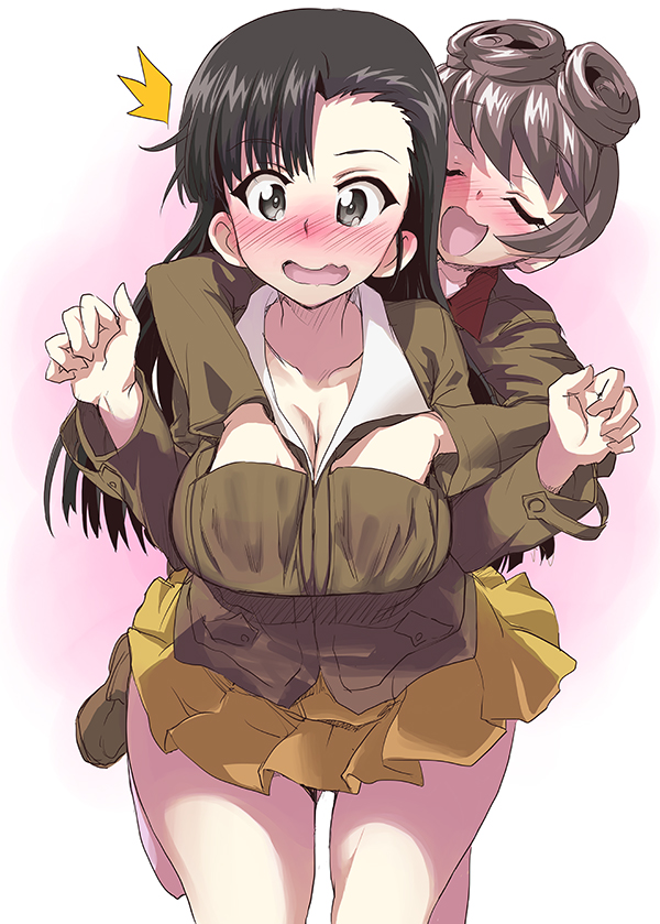 /\/\/\ 2girls arms_around_neck asymmetrical_bangs bangs blush breast_grab breasts brown_eyes brown_hair brown_jacket chi-hatan_military_uniform cleavage closed_eyes commentary cowboy_shot embarrassed eyebrows_visible_through_hair frown gemu555 girls_und_panzer grabbing hair_rings hands_in_pockets hosomi_(girls_und_panzer) jacket large_breasts leaning_forward leg_up long_hair long_sleeves looking_at_viewer military military_uniform miniskirt multiple_girls nishi_kinuyo open_mouth pleated_skirt short_hair skirt smile standing standing_on_one_leg thighs uniform w_arms wavy_mouth yellow_skirt