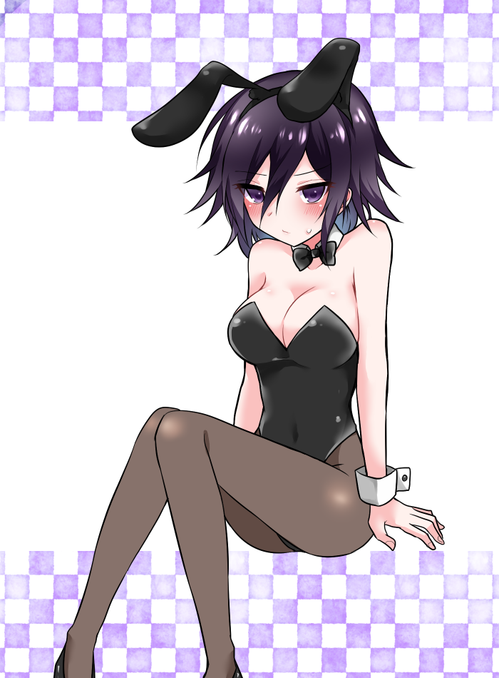 1girl alternate_costume animal_ears bare_arms bare_shoulders black_bow black_footwear black_legwear black_neckwear blush bow breasts bunnysuit cleavage collarbone commentary_request dangan_ronpa eyebrows_visible_through_hair feet_out_of_frame genderswap genderswap_(mtf) hair_between_eyes hiruanko large_breasts leotard looking_at_viewer navel new_dangan_ronpa_v3 ouma_kokichi pantyhose playboy_bunny_leotard pumps purple_hair rabbit_ears short_hair simple_background sitting solo strapless violet_eyes white_wrist_cuffs