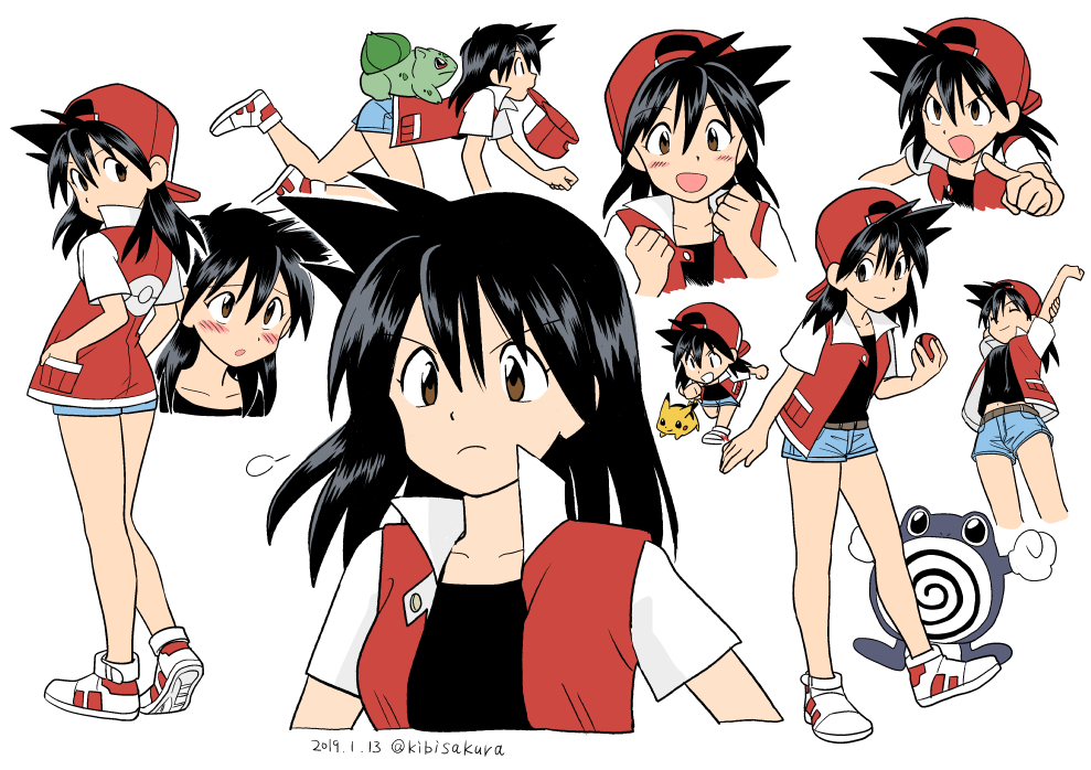 1girl black_hair blush brown_eyes bulbasaur collarbone creatures_(company) dated frown game_freak gen_1_pokemon genderswap genderswap_(mtf) hair_between_eyes hands_in_pockets hat holding holding_poke_ball kibisakura long_hair lying midriff_peek mouth_hold multiple_views navel nintendo open_mouth pikachu pointing poke_ball pokemon pokemon_special poliwhirl red_(pokemon) red_hat shoes short_shorts short_sleeves shorts smile spiky_hair stretch twitter_username white_background white_footwear