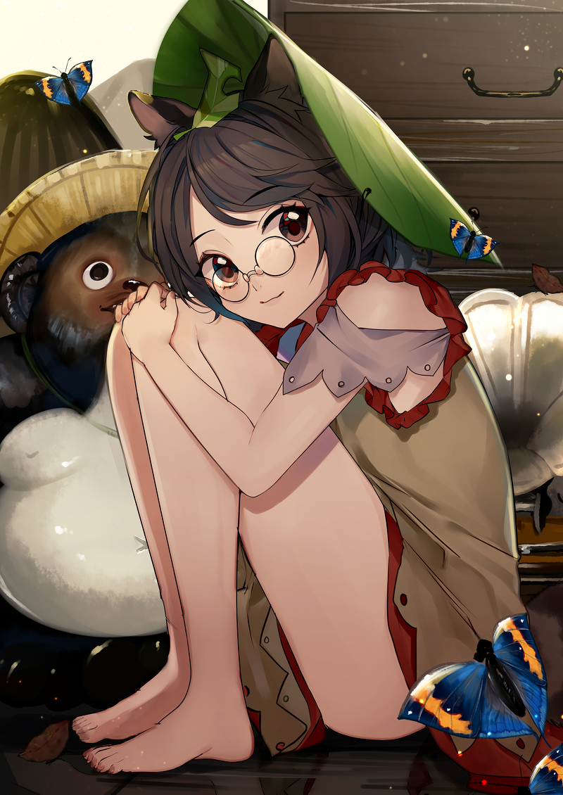 1girl animal_ear_fluff animal_ears bangs bare_legs bare_shoulders barefoot brown_dress brown_eyes brown_hair brown_nails bug butterfly daimaou_ruaeru drawer dress eyebrows_visible_through_hair full_body futatsuiwa_mamizou glasses green_hat hat insect knees_up leaf leaf_hat leaf_on_head light_particles looking_at_viewer phonograph raccoon_ears round_eyewear short_dress short_hair shoulder_cutout sitting smile solo swept_bangs thighs toenail_polish touhou