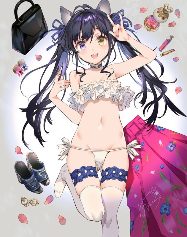 1girl :d \m/ animal_ears bag bangs bare_arms bare_shoulders black_hair blue_choker blue_eyes blue_ribbon bra cat_ears choker commentary_request frilled_bra frilled_panties frills groin hair_ribbon hand_up harunoibuki head_tilt heterochromia high_heels leg_garter leg_up long_hair looking_at_viewer navel open_mouth original panties petals pink_skirt ribbon shoes_removed side-tie_panties skindentation skirt skirt_removed smile solo standing standing_on_one_leg stomach thigh-highs twintails twintails_day underwear white_bra white_legwear white_panties yellow_eyes