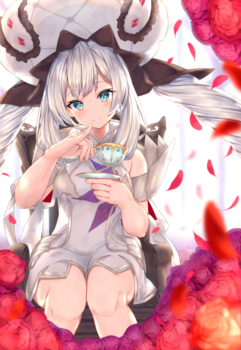 1girl bangs bare_arms blue_eyes blurry blurry_foreground blush breasts chair commentary_request cup depth_of_field dress fate/grand_order fate_(series) flower hat head_tilt highres holding holding_cup long_hair looking_at_viewer marie_antoinette_(fate/grand_order) mishuo_(misuo69421) parted_lips petals pinky_out purple_flower purple_rose red_flower red_rose rose saucer silver_hair sitting small_breasts smile solo teacup twintails very_long_hair white_dress white_hat