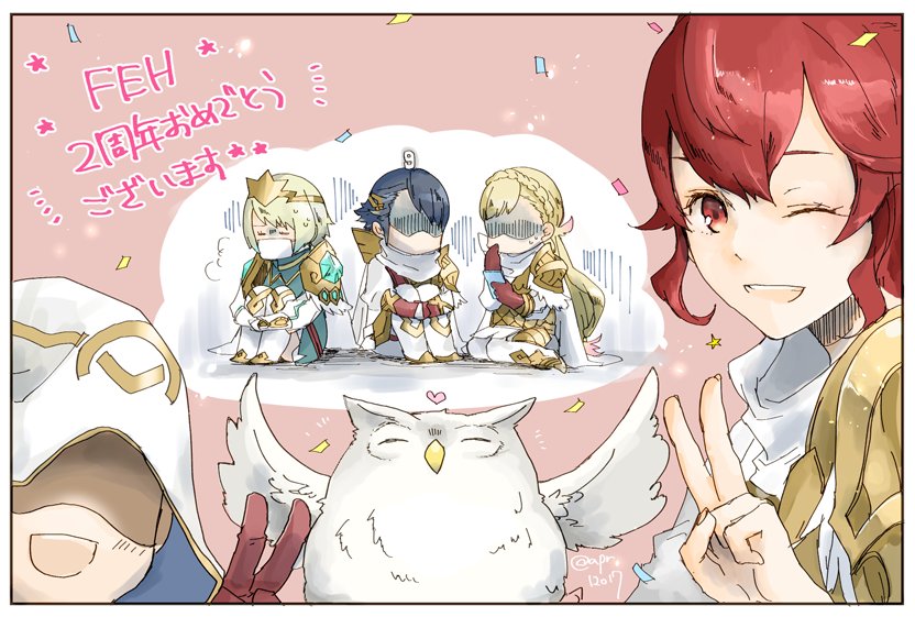 1boy 1other 3girls alfonse_(fire_emblem) anna_(fire_emblem) armor bird blonde_hair blue_hair braid brother_and_sister brown_gloves cape closed_eyes crown crown_braid feh_(fire_emblem_heroes) fire_emblem fire_emblem_heroes fjorm_(fire_emblem_heroes) gloves hood hood_up knees_up long_hair multiple_girls nintendo one_eye_closed open_mouth owl red_eyes redhead robaco sharena short_hair siblings sitting summoner_(fire_emblem_heroes) twitter_username v
