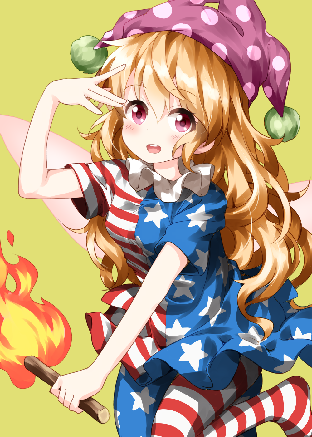 1girl :d american_flag_dress american_flag_legwear arm_up bangs blonde_hair blue_dress blue_legwear blush breasts clownpiece commentary_request dress eyebrows_visible_through_hair fairy_wings feet_out_of_frame hair_between_eyes hat highres holding holding_torch jester_cap looking_at_viewer neck_ruff no_shoes open_mouth pantyhose polka_dot polka_dot_hat purple_hat red_dress red_legwear ruu_(tksymkw) short_dress short_sleeves simple_background small_breasts smile solo star star_print striped striped_dress striped_legwear thighs torch touhou violet_eyes white_dress white_legwear wings yellow_background