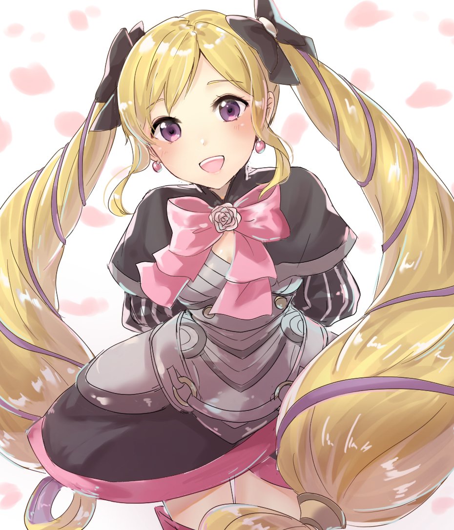 1girl arms_behind_back black_bow blonde_hair bow dress earrings elise_(fire_emblem_if) fire_emblem fire_emblem_if hair_bow haru_(nakajou-28) jewelry long_hair multicolored_hair nintendo open_mouth petals pink_bow purple_hair simple_background solo twintails violet_eyes white_background