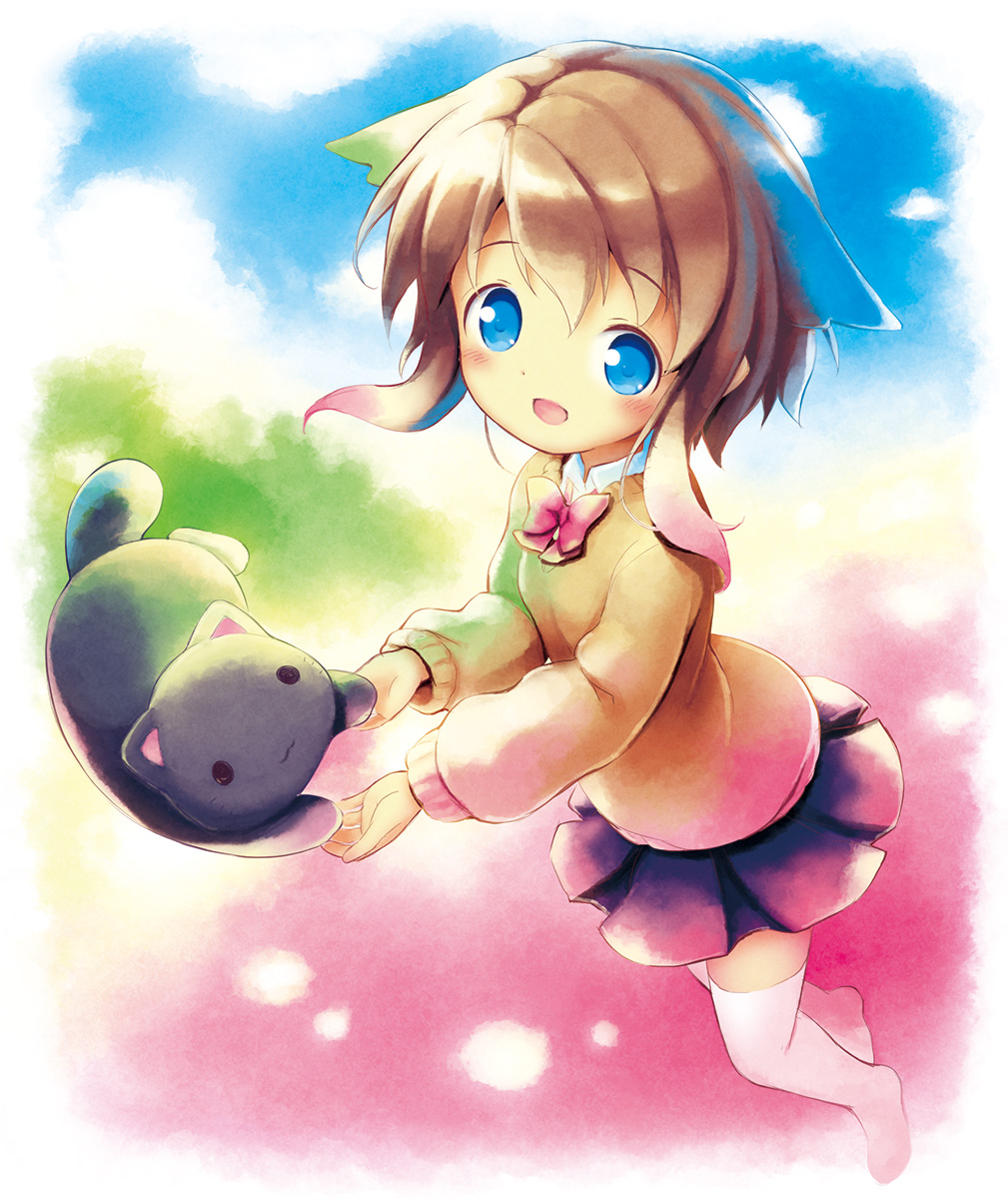 1girl :d aikei_ake animal bangs black_cat black_skirt blue_eyes blue_hair blue_sky blush bow bowtie brown_hair brown_sweater cat clouds collared_shirt day eyebrows_visible_through_hair full_body gradient_hair green_hair hair_between_eyes highres kitten long_sleeves looking_at_viewer multicolored_hair no_shoes open_mouth original outdoors pink_hair pleated_skirt red_neckwear shirt skirt sky smile solo sweater thigh-highs white_legwear white_shirt