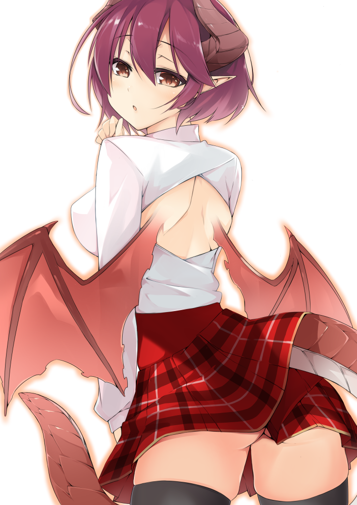 1girl ass backless_outfit bangs black_legwear breasts brown_eyes brown_hair brown_wings commentary_request curled_horns dragon_girl dragon_horns dragon_tail dragon_wings eyebrows_visible_through_hair from_behind granblue_fantasy grea_(shingeki_no_bahamut) hair_between_eyes horns looking_at_viewer looking_back manaria_friends medium_breasts parted_lips plaid plaid_skirt pleated_skirt pointy_ears red_skirt sasakura shingeki_no_bahamut shirt short_hair shoulder_blades skindentation skirt solo tail thigh-highs white_shirt wings