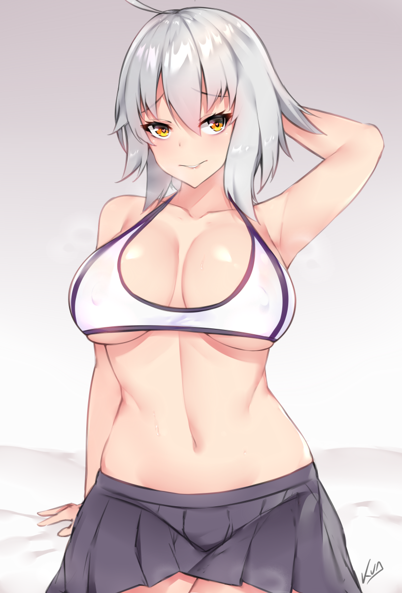 1girl ahoge bare_shoulders breasts cleavage eyebrows_visible_through_hair fate/grand_order fate_(series) hair_between_eyes hand_behind_head highres jeanne_d'arc_(alter)_(fate) jeanne_d'arc_(fate)_(all) kuavera looking_at_viewer pleated_skirt short_hair signature simple_background skirt smile solo white_hair yellow_eyes