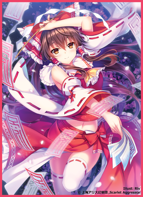 1girl adapted_costume arm_over_head arm_up artist_name ascot bare_shoulders blush border bow brown_eyes brown_hair danmaku detached_sleeves frilled_ascot frilled_bow frills gohei hair_between_eyes hair_bow hakurei_reimu holding leg_up long_hair long_sleeves looking_at_viewer midriff navel night ofuda petals red_border red_bow red_skirt ribbon-trimmed_legwear ribbon-trimmed_sleeves ribbon_trim riv side_slit skirt skirt_set smile solo thigh-highs touhou very_long_hair white_legwear wide_sleeves yellow_neckwear zettai_ryouiki