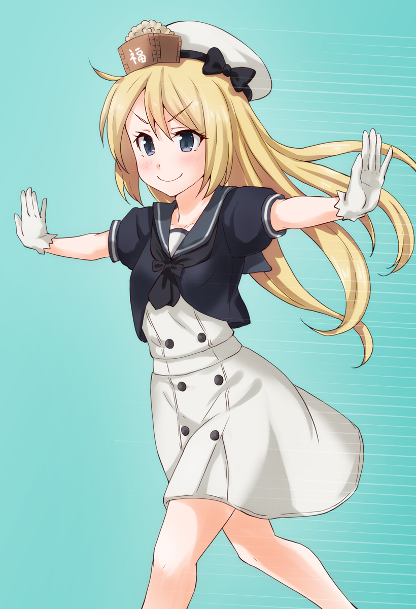 &gt;:) 1girl anti_(untea9) beans blonde_hair blue_background blue_eyes blue_sailor_collar cowboy_shot dress gloves hat highres jervis_(kantai_collection) kantai_collection long_hair outstretched_arms running sailor_collar sailor_dress sailor_hat setsubun short_sleeves simple_background solo white_dress white_gloves white_hat