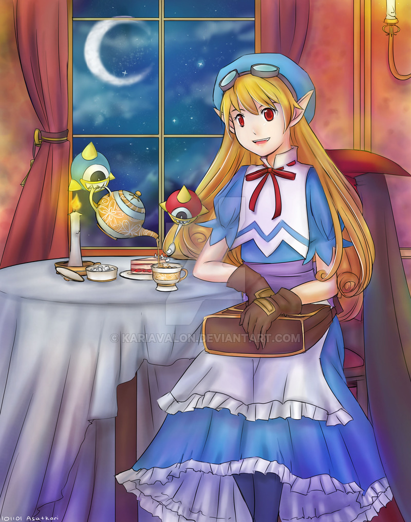 1girl apron bag blonde_hair blue_hat bow cake candle cape chair clouds curly_hair dress food gloves goggles goggles_on_head hat kari_avalon long_hair marivel_armitage moon pointy_ears red_eyes ribbon smile table tea wild_arms wild_arms_2