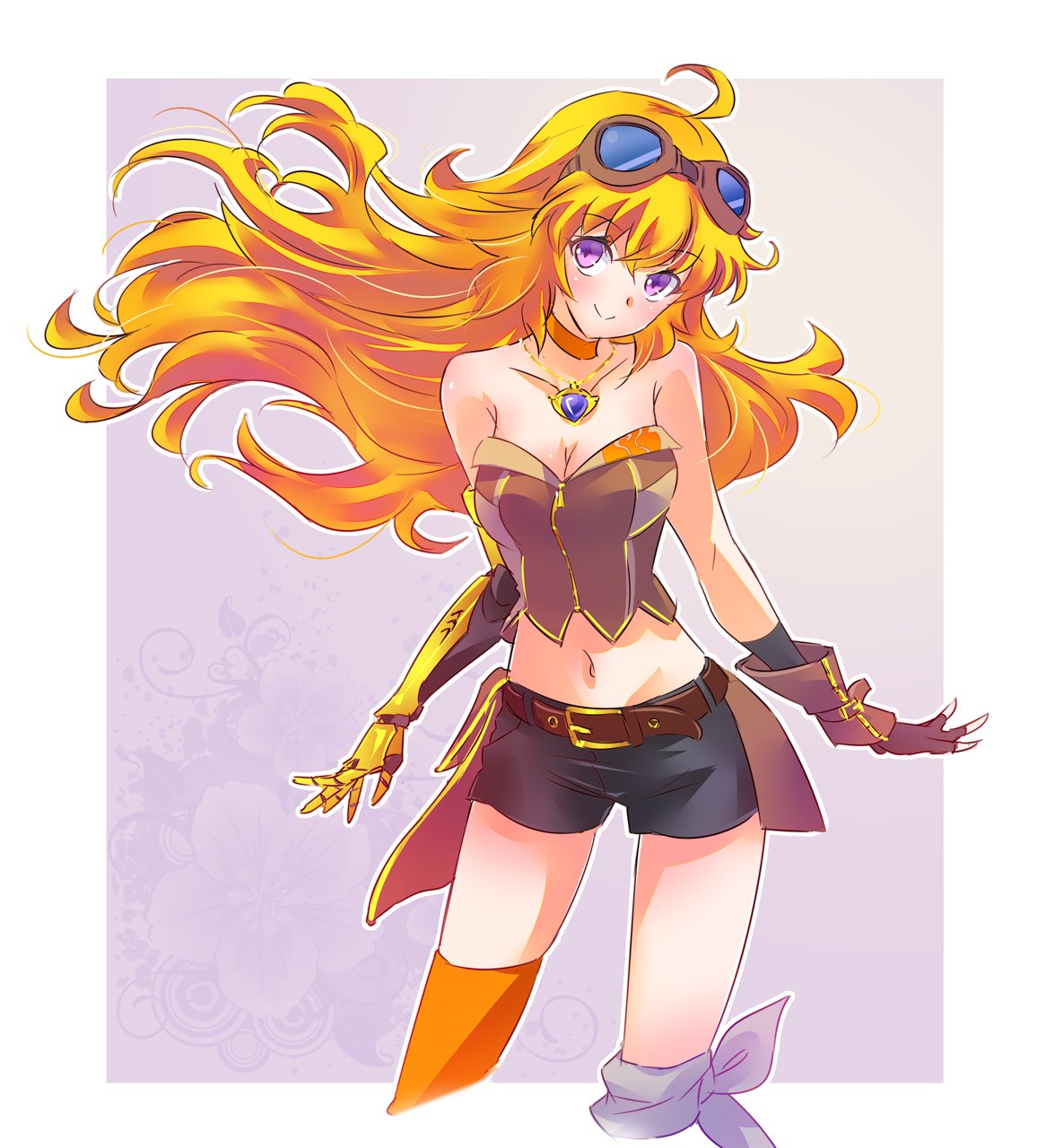 1girl ahoge asymmetrical_legwear bare_shoulders blonde_hair breasts choker cleavage collarbone corset fingerless_gloves gloves goggles goggles_on_head highres iesupa jewelry large_breasts long_hair midriff navel pendant prosthesis prosthetic_arm rwby short_shorts shorts single_glove solo violet_eyes wavy_hair yang_xiao_long