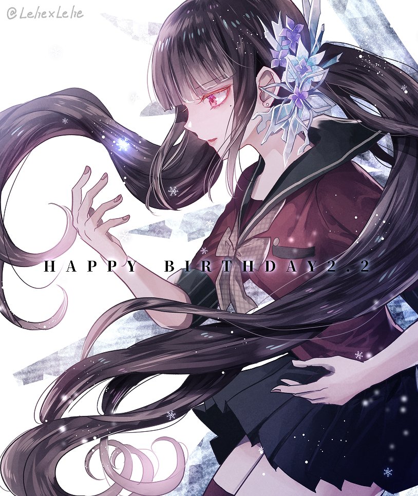 1girl bangs black_sailor_collar black_skirt blunt_bangs brown_hair brown_neckwear dangan_ronpa eyebrows_visible_through_hair floating_hair happy_birthday harukawa_maki long_hair mole mole_under_eye nail_polish new_dangan_ronpa_v3 pink_nails pleated_skirt red_eyes red_shirt sailor_collar school_uniform serafuku shirt skirt solo thigh-highs twintails twitter_username very_long_hair z-epto_(chat-noir86) zettai_ryouiki