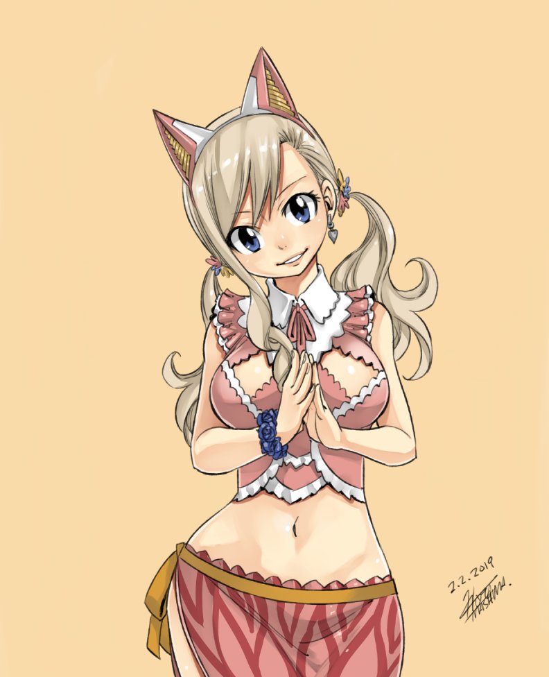 1girl 2019 animal_ears blonde_hair blue_eyes blue_flower bracelet breast_cutout breasts cat_ears cowboy_shot dated earrings eden's_zero fake_animal_ears flower grin hairband head_tilt jewelry large_breasts long_hair looking_at_viewer mashima_hiro midriff navel neck_ribbon official_art orange_background pink_ribbon rebecca_(eden's_zero) ribbon shirt signature simple_background sleeveless sleeveless_shirt smile solo standing stomach twintails white_hairband