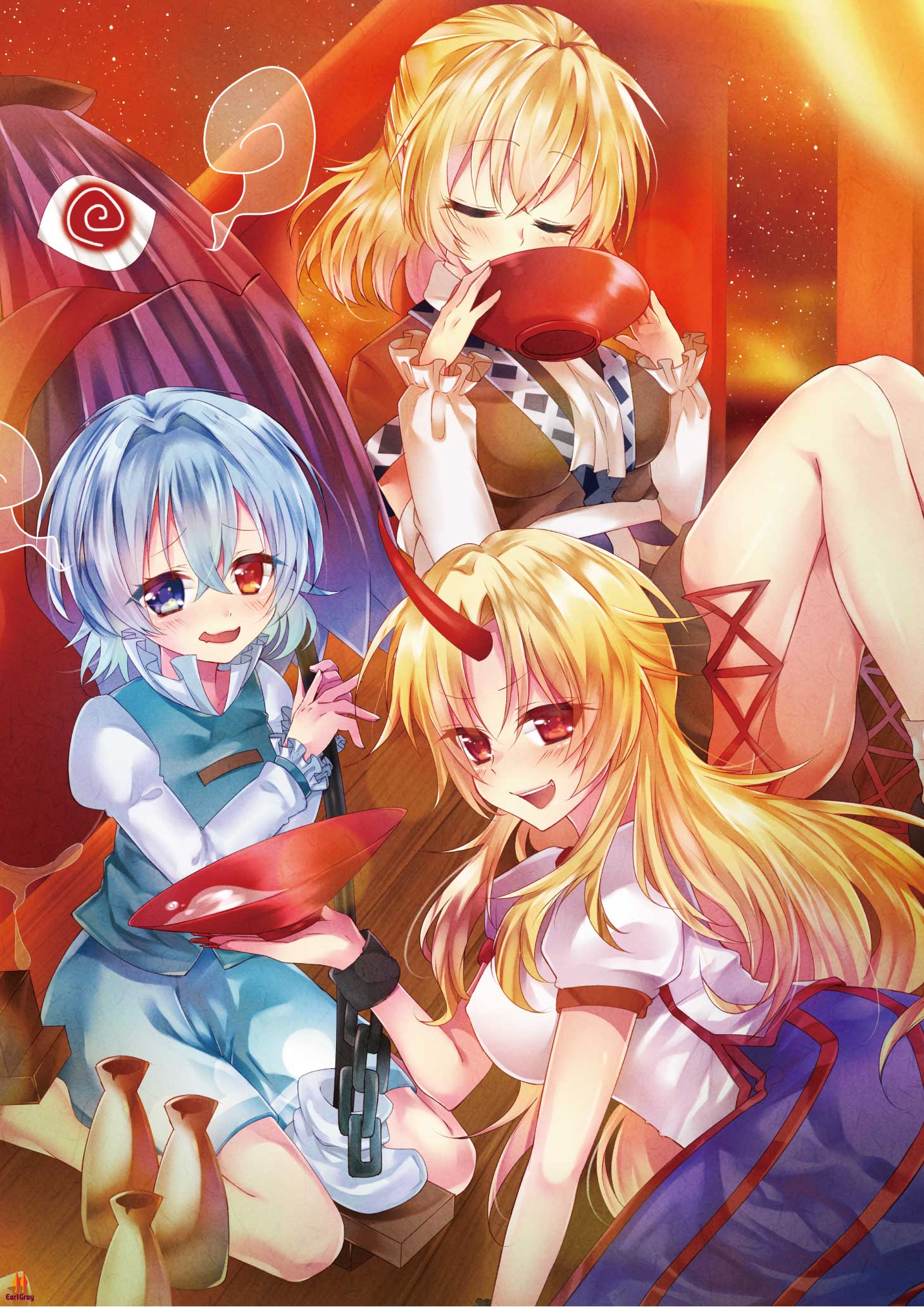 3girls @_@ alcohol arm_warmers artist_request blonde_hair blue_eyes blue_hair blue_skirt blue_vest blush breasts chains closed_eyes covered_nipples cuffs cup drinking drooling drunk from_side heterochromia highres holding holding_cup holding_umbrella horn hoshiguma_yuugi juliet_sleeves karakasa_obake knees_up long_hair long_sleeves looking_at_viewer medium_breasts mizuhashi_parsee multiple_girls oni_horn open_mouth puffy_short_sleeves puffy_sleeves red_eyes sakazuki sake saliva shackles shirt short_hair short_sleeves sitting skirt smile tatara_kogasa tokkuri tongue touhou umbrella vest wariza white_shirt wooden_floor