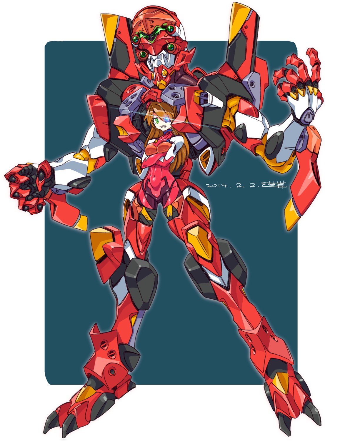 1girl angry bodysuit covered_navel crossed_arms dated eva_02 eyepatch full_body glowing glowing_eye green_eyes highres looking_at_viewer mecha mecha_musume michi_kuso neon_genesis_evangelion orange_hair plugsuit red_bodysuit scowl solo souryuu_asuka_langley