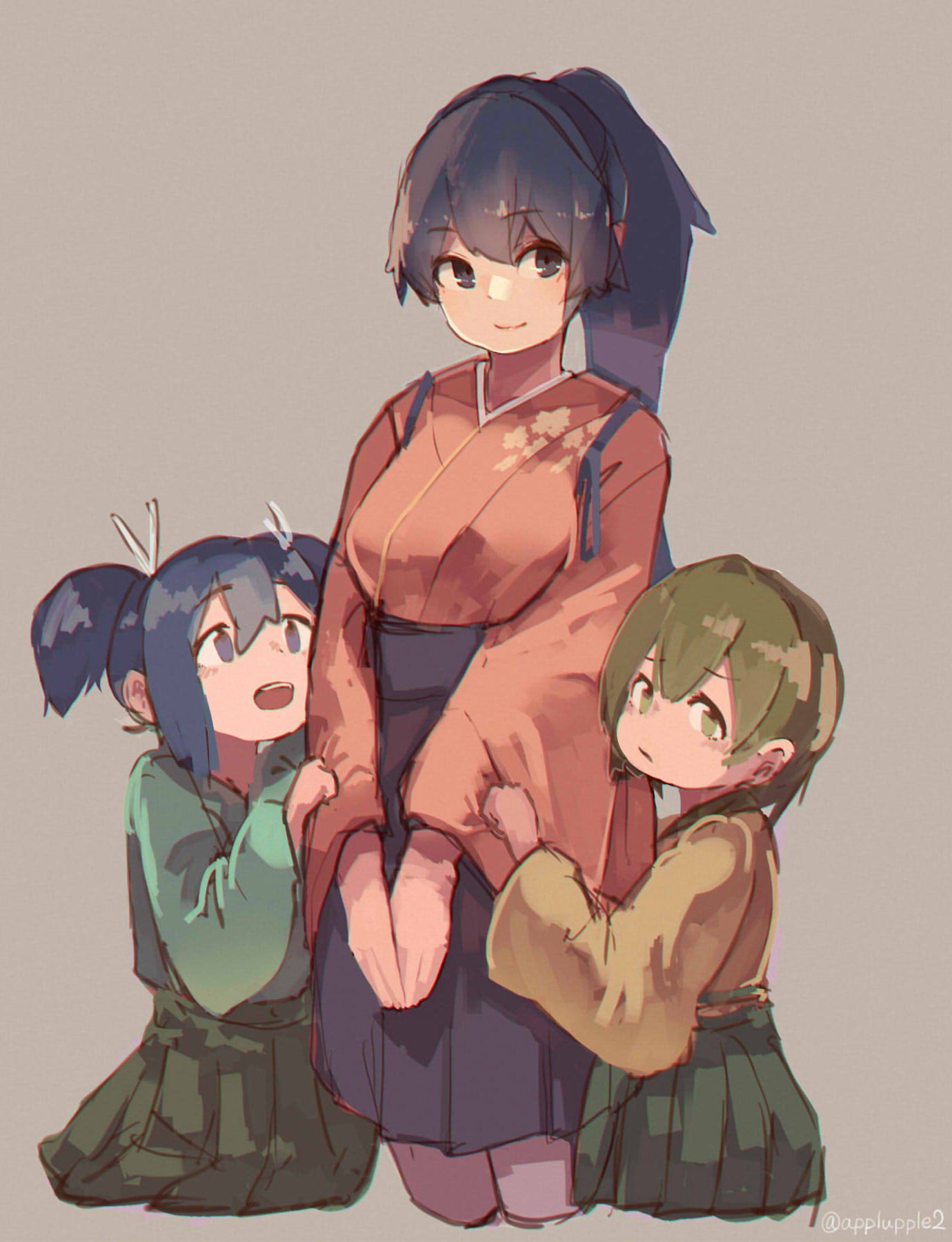 3girls apupuru blue_hair brown_hair cowboy_shot eyebrows_visible_through_hair hakama hakama_skirt highres hiryuu_(kantai_collection) houshou_(kantai_collection) japanese_clothes kantai_collection kimono long_hair looking_at_viewer motherly multiple_girls pink_kimono pleated_skirt ponytail purple_background short_hair simple_background skirt smile souryuu_(kantai_collection) tasuki twintails