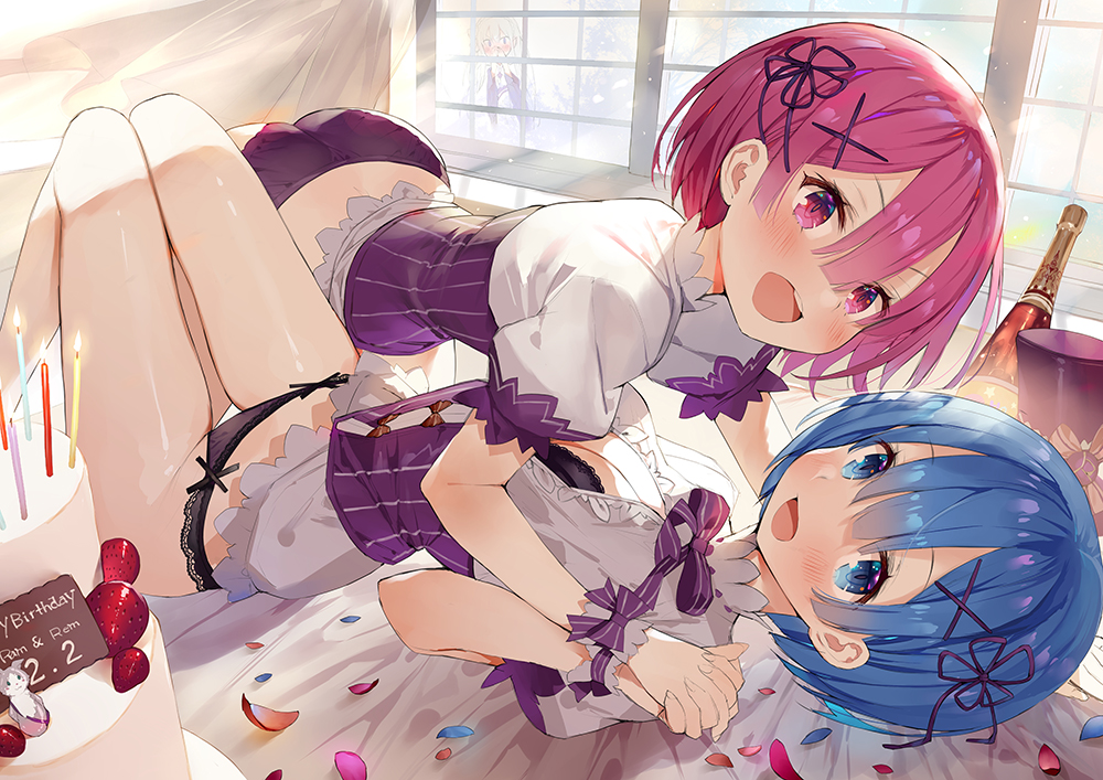 &gt;_&lt; 3girls :d alternate_costume ass bare_legs bed_sheet bent_over black_bra black_panties blue_eyes blue_hair blush bottle bow box bra bra_peek breasts cake candle character_name cleavage commentary_request corset covering_face curtains day emilia_(re:zero) food fruit gift gift_box grey_shirt groin hand_holding happy_birthday indoors interlocked_fingers knees_up lace lace-trimmed_bra lace-trimmed_panties large_breasts looking_at_viewer lying matsui_hiroaki multiple_girls neck_ribbon no_pants on_back on_bed open_mouth panties petals pink_eyes pink_hair purple_bow purple_neckwear purple_panties purple_ribbon ram_(re:zero) re:zero_kara_hajimeru_isekai_seikatsu rem_(re:zero) ribbon round_teeth shirt short_hair short_sleeves siblings silver_hair smile strawberry striped sunlight teeth thigh_gap twins underwear upper_teeth vertical_stripes violet_eyes window wrist_cuffs xd yuri