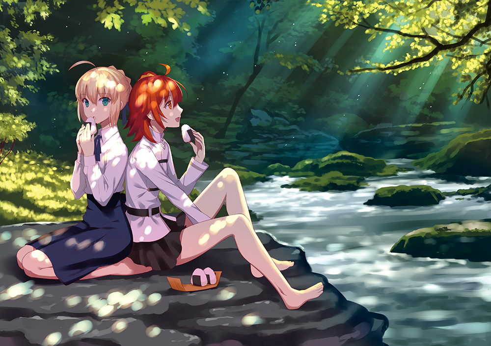 2girls :d ahoge artoria_pendragon_(all) bangs bare_legs barefoot black_skirt blonde_hair blue_eyes blue_skirt blush braid collared_shirt commentary_request dappled_sunlight day eyebrows_visible_through_hair fate/grand_order fate/stay_night fate_(series) food fujimaru_ritsuka_(female) hair_between_eyes hair_ornament hair_scrunchie holding holding_food jacket knees_up long_sleeves multiple_girls nishimura_eri no_legwear one_side_up onigiri open_mouth orange_scrunchie outdoors red_eyes redhead saber scrunchie seiza shirt sidelocks sitting skirt smile sunlight tree water white_jacket white_shirt