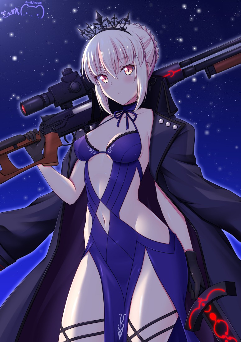 1girl artoria_pendragon_(all) bangs black_gloves black_jacket blonde_hair blue_dress blush breasts closed_mouth collarbone commentary_request cowboy_shot dark_excalibur dated dress eyebrows_visible_through_hair fate/grand_order fate_(series) gloves gun hair_between_eyes holding holding_gun holding_sword holding_weapon jacket jacket_on_shoulders looking_at_viewer medium_breasts navel navel_cutout night night_sky open_clothes open_jacket outdoors pink_eyes ppshex rifle saber_alter short_hair sidelocks signature sky sniper_rifle solo stomach sword thigh_strap tiara weapon